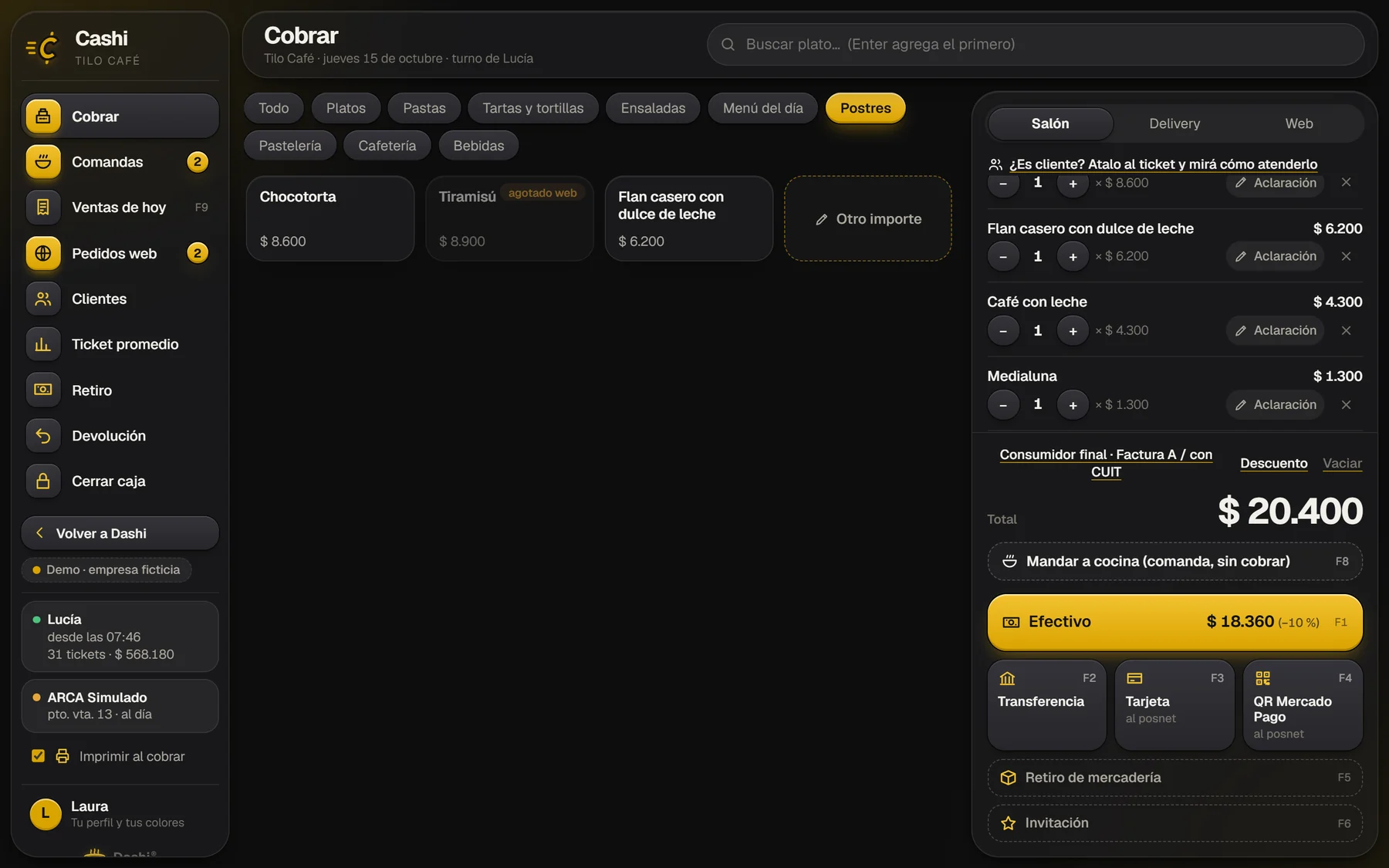 Cashi: la pantalla de cobro con un ticket armado