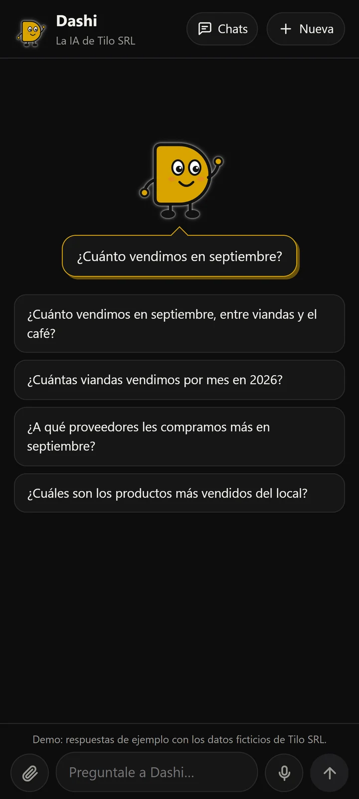 Dashi en el celular: la bienvenida con consultas sugeridas