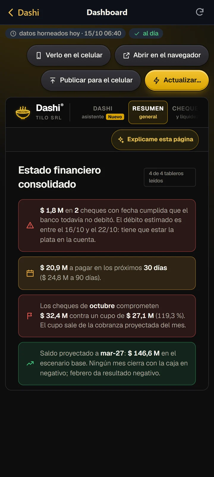 En el celular, el Dashi de esa PC con su tablero de gestión