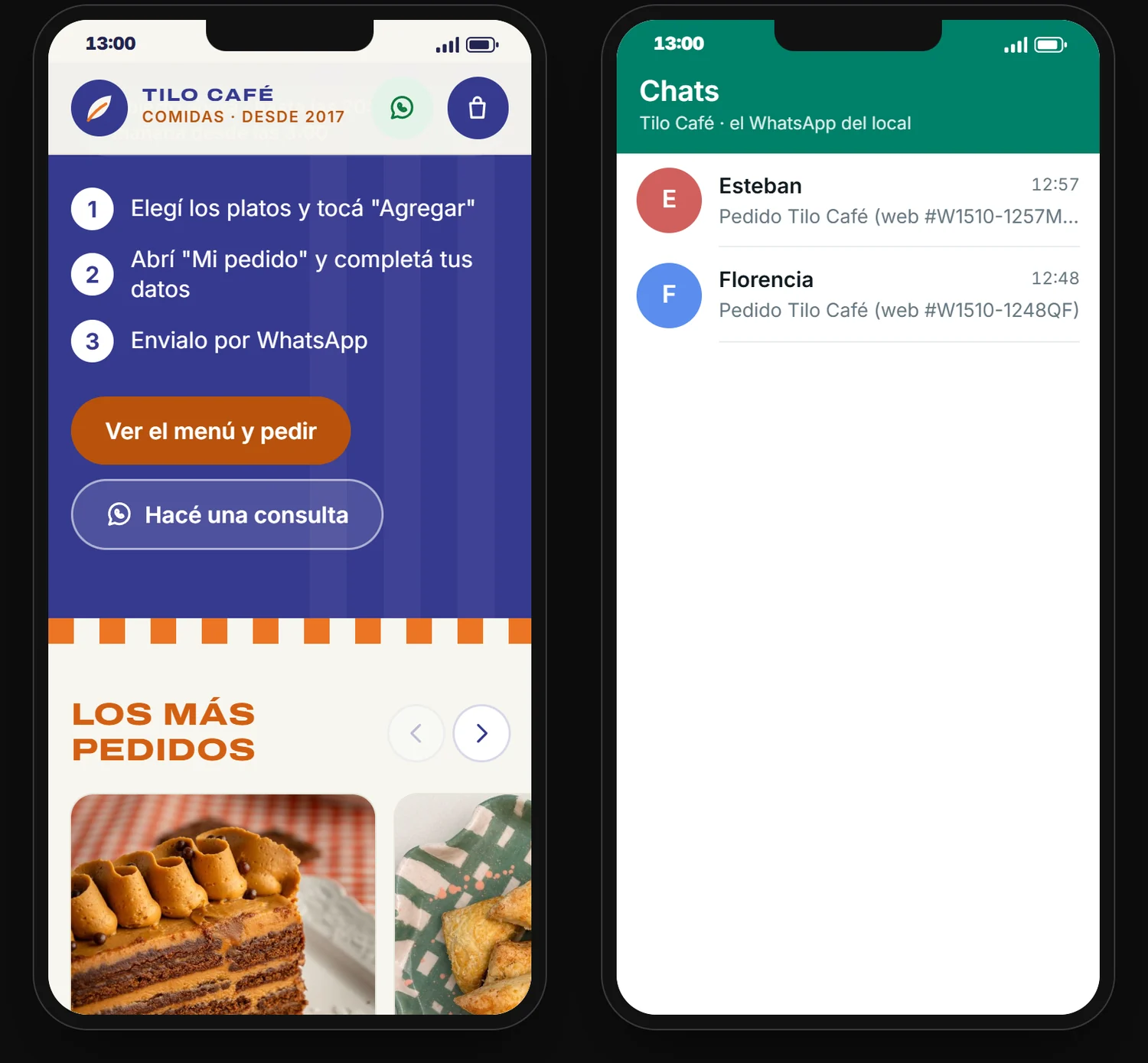 Dashi Web: la página de pedidos en el celular del cliente y el pedido llegando al WhatsApp del local